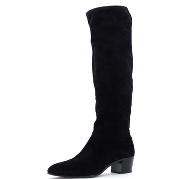 Prada Women's Logo Block Heel Knee High Boots Suede