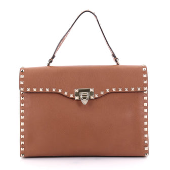 Valentino Rockstud Flip Lock Top Handle Bag Leather Brown 2479501