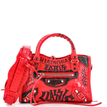 Balenciaga City Graffiti Classic Studs Bag Crocodile Embossed Leather Mini