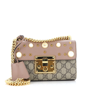 Gucci Pearly Padlock Shoulder Bag GG Coated Canvas with Studded Leather Small
