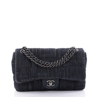 Chanel Classic Flap Bag Embroidered Denim Jumbo Blue 2481202