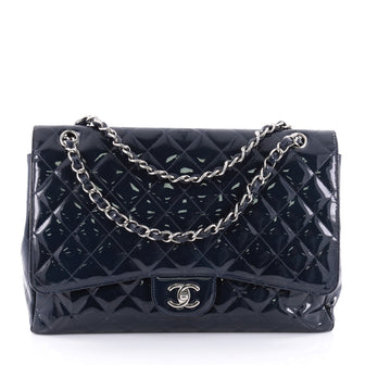 Chanel Classic Single Flap Bag Quilted Patent Maxi Blue