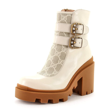 Gucci Women's Double Buckle Lug Sole Ankle Boots Leather with GG Coated Canvas