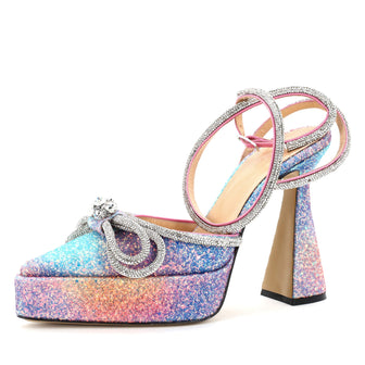 Mach & Mach Women's Double Bow Ankle Strap Platform Pumps Glitter 140
