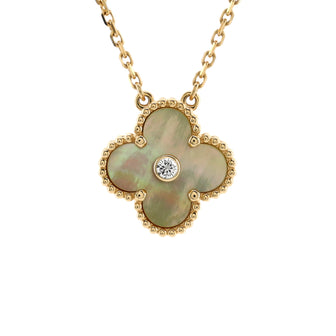 Van Cleef & Arpels Vintage Alhambra Pendant Necklace 18K Yellow Gold and Gold Mother of Pearl with Diamond