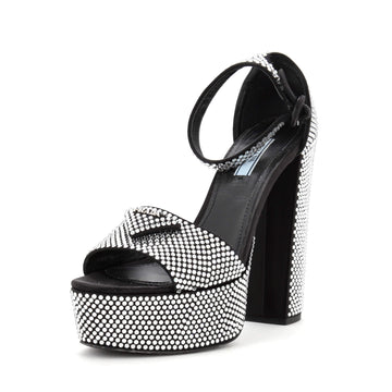 Prada Women's Triangle Logo Ankle Strap Platform Sandals Crystal Embellished Satin