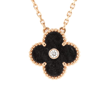 Van Cleef & Arpels Vintage Alhambra Pendant Necklace 18K Rose Gold and Silver Obsidian with Diamond