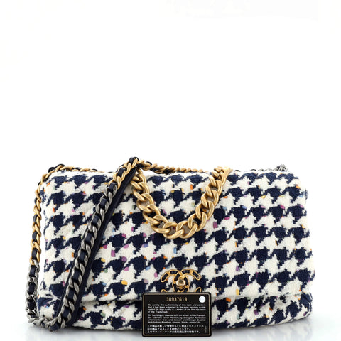 Chanel 19 Flap Bag Quilted Houndstooth Tweed and Ribbon Maxi Blue 2486534