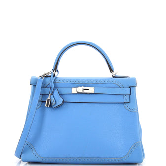 Hermes Kelly Ghillies Handbag Blue Clemence and Swift with Palladium Hardware 32