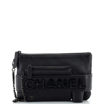 Chanel Logo Letters Handle Cosmetic Case Clutch Quilted Lambskin