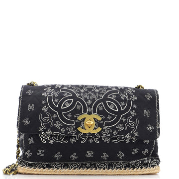 Chanel Vintage Bandana Flap Bag Quilted Printed Canvas and Raffia Large