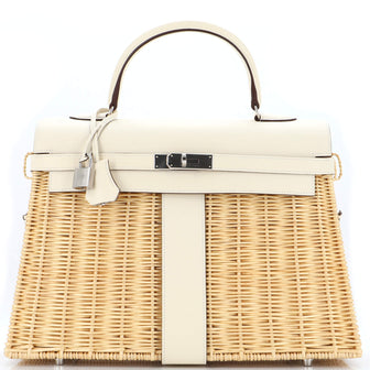 Hermes Picnic Kelly Handbag Light Swift and Wicker with Palladium Hardware 35