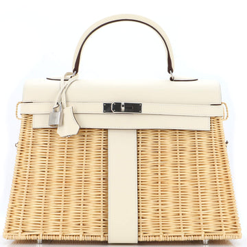 Hermes Picnic Kelly Handbag Light Swift and Wicker with Palladium Hardware 35