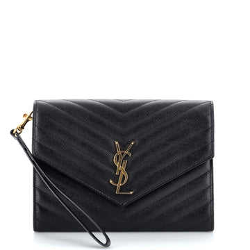 Saint Laurent Classic Monogram Envelope Wristlet Clutch Matelasse Chevron Leather