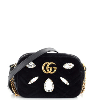 Gucci GG Marmont Shoulder Bag Crystal Embellished Matelasse Velvet Mini