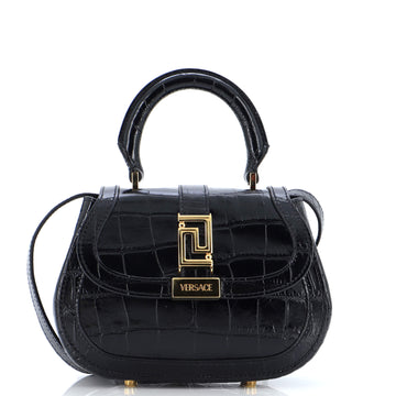 Versace Greca Goddess Top Handle Bag Crocodile Embossed Leather Mini
