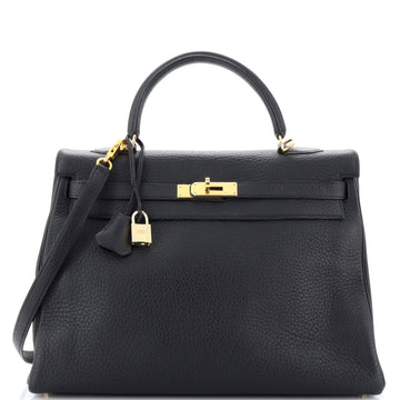 Hermes Kelly Handbag Black Clemence with Gold Hardware 35