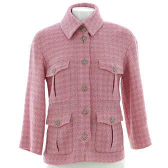 Chanel Women's Four Pocket Cropped Sleeve Collared Button Up Jacket Tweed
