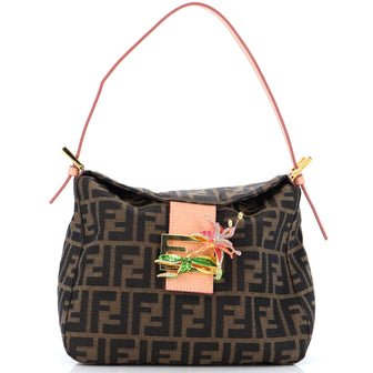 Fendi Round Flap Baguette Zucca Canvas with Crystal Flower Buckle North South
