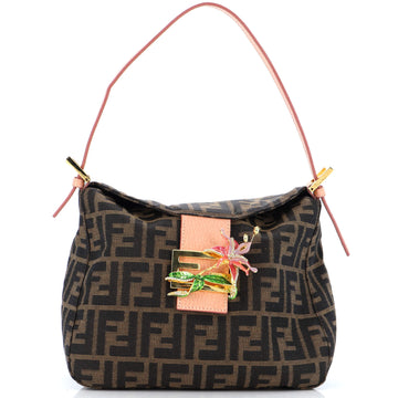 Fendi Round Flap Baguette Zucca Canvas with Crystal Flower Buckle North South