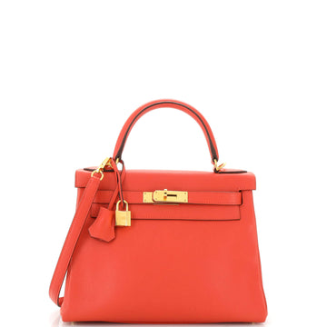 Hermes Kelly Handbag Red Evercolor with Gold Hardware 28