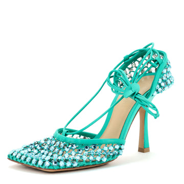 Bottega Veneta Women's Sparkle Stretch Heeled Sandals Crystal Embellished Mesh and Leather