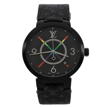 Louis Vuitton Tambour Slim Rainbow Quartz Watch Stainless Steel and Monogram Eclipse Canvas 39