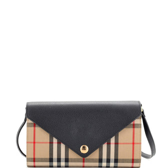 Burberry Hannah Envelope Wallet on Strap Leather and Vintage Check Canvas