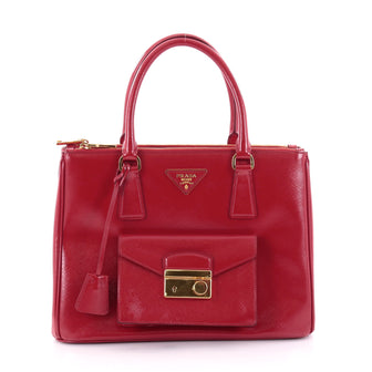 Prada Front Pocket Double Zip Lux Tote Vernice Saffiano Leather Medium Red 2502901