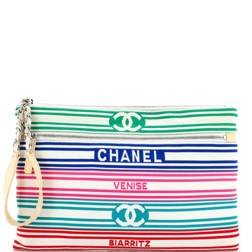 Chanel Venise Biarritz Zip Pouch Striped Canvas Large