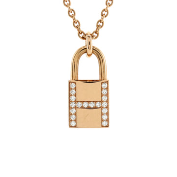Hermes Amulettes Cadenas Pendant Necklace 18K Rose Gold with Diamonds