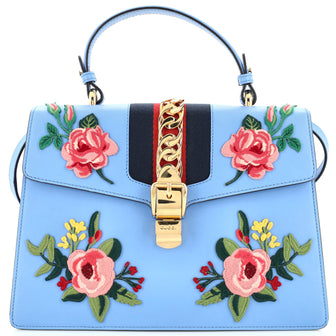 Gucci Sylvie Top Handle Bag Embroidered Leather Medium