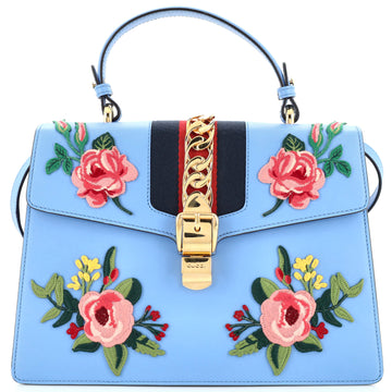 Gucci Sylvie Top Handle Bag Embroidered Leather Medium