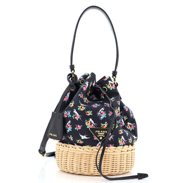 Prada Drawstring Bucket Bag Printed Canvas and Wicker Small