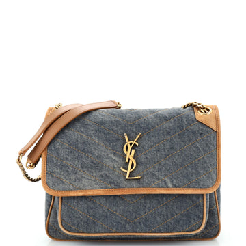 Saint Laurent Niki Chain Flap Bag Matelasse Chevron Denim with Suede Medium
