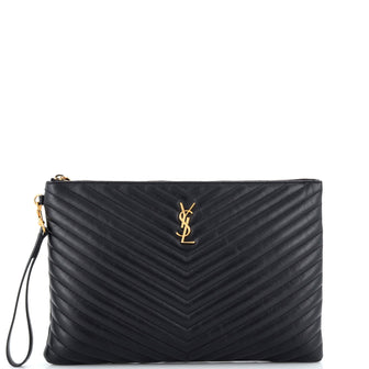Saint Laurent Classic Monogram Wristlet Pouch Matelasse Chevron Leather Large