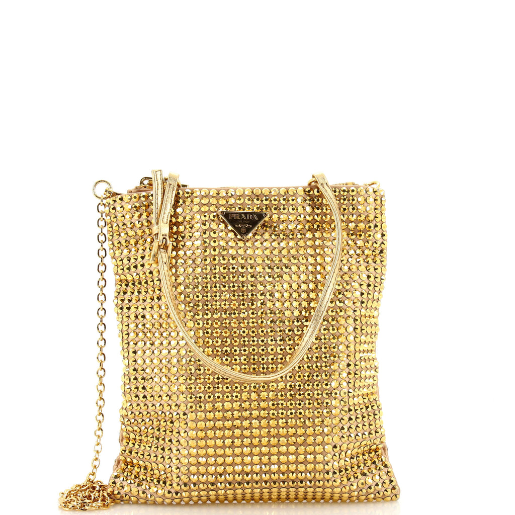 Prada Chain Flat Tote Crystal Embellished Satin Mini Gold 2505815