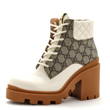 Gucci Women's Lace Up Heeled Ankle Boots GG Coated Canvas with Quilted Leather