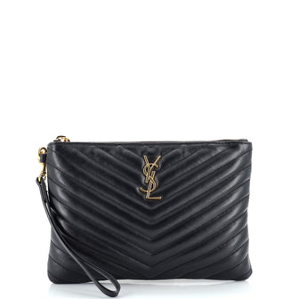 Saint Laurent Classic Monogram Wristlet Pouch Matelasse Chevron Leather Small