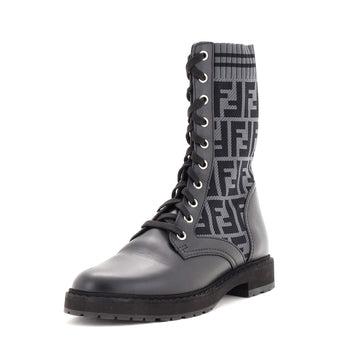 Fendi Women's Rockoko Combat Boots Leather and Zucca Knit Stretch Fabric