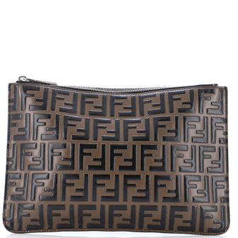 Fendi Zip Pouch Zucca Embossed Leather Medium