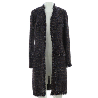 Chanel Women's Collarless Fringe Open Long Coat Tweed