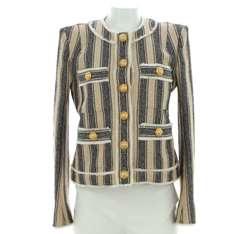 Balmain Women's Striped Collarless Button Up Jacket Sequin Embellished Cotton Blend Sequin Embellished Cotton Blend