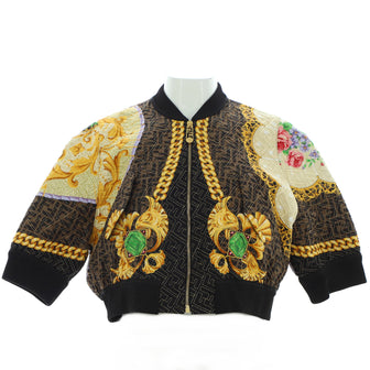 Fendi x Versace Fendace Women's Cropped Sleeve Bomber Jacket Zucca Quilted Printed Silk
