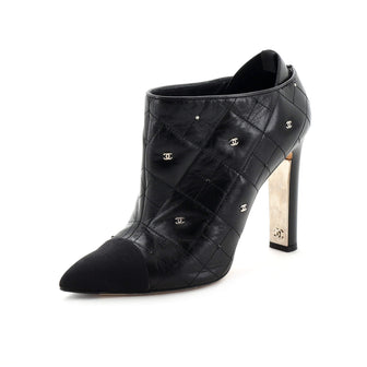 Chanel Women's CC Pointed Cap Toe Booties Studded Quilted Leather
