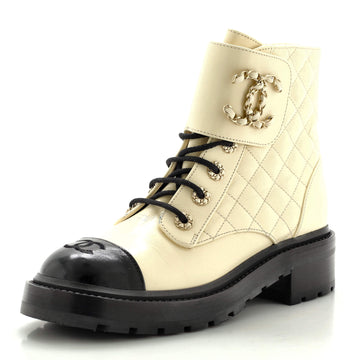 Chanel Women's Chain CC Cap Toe Lace Up Combat Boots Quilted Shiny Calfskin