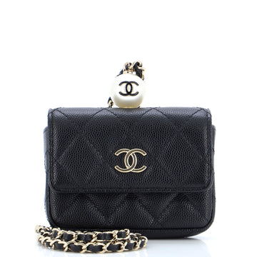 Chanel CC Pearl Coin Card Holder with Chain Quilted Caviar