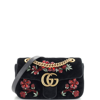 Gucci GG Marmont Flap Bag Embellished Matelasse Velvet Mini