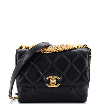 Chanel Crystal Logo Letters Chain Handle Flap Bag Quilted Lambskin Mini