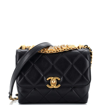 Chanel Crystal Logo Letters Chain Handle Flap Bag Quilted Lambskin Mini